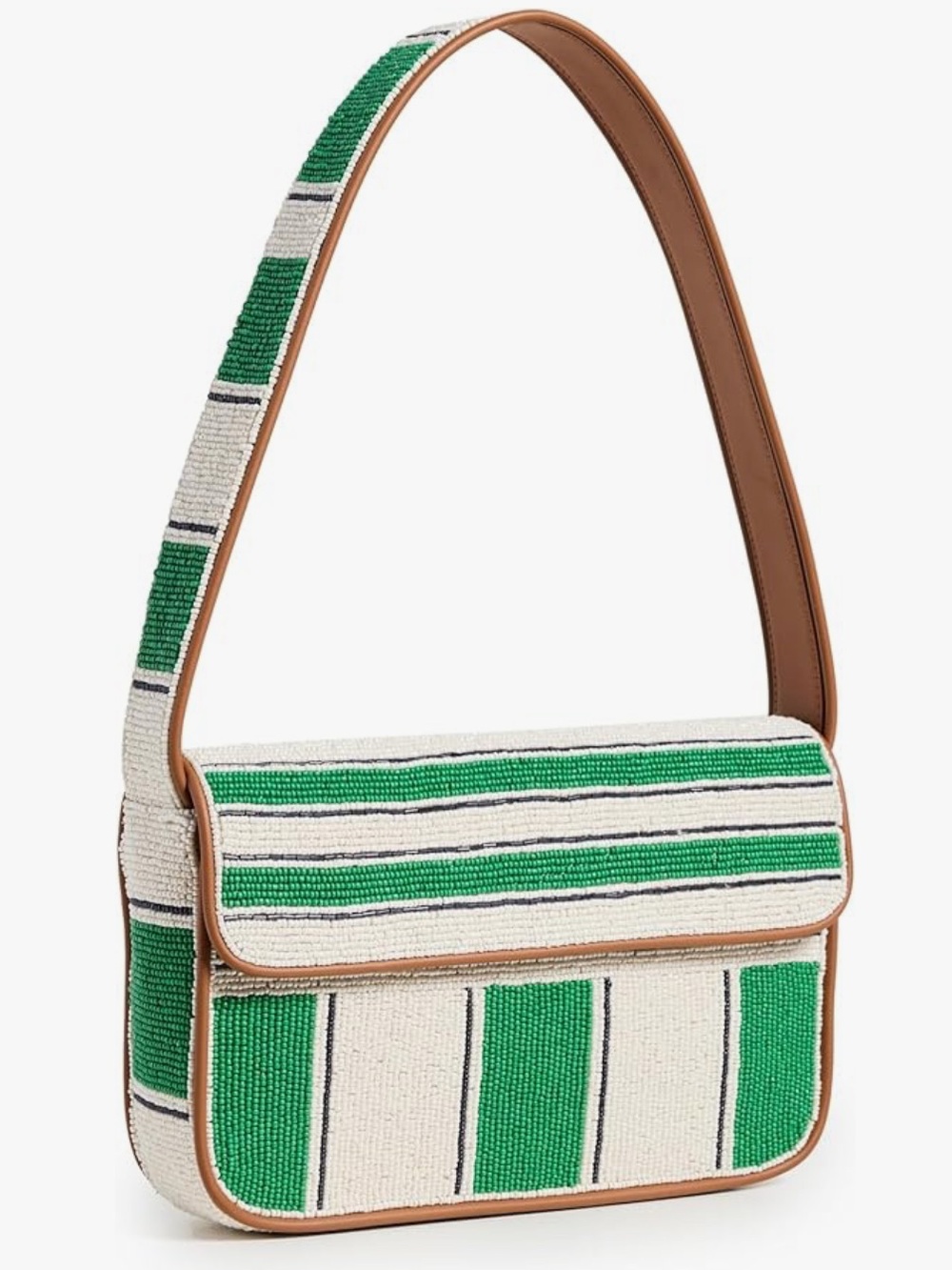 STAUD Green & Cream Striped Beaded Tommy Shoulder Bag with Tan Trim